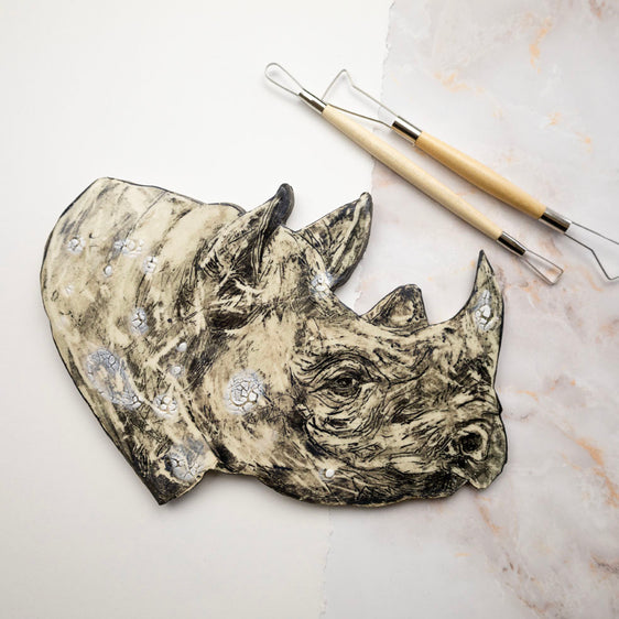 "Etched Rhino" - Hand Painted Ceramic Artwork