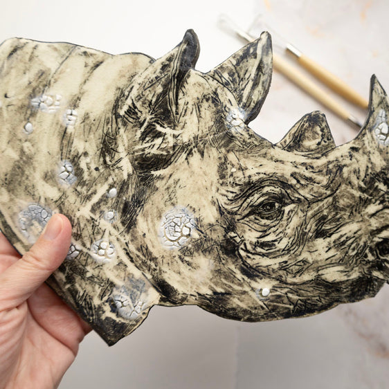 "Etched Rhino" - Hand Painted Ceramic Artwork